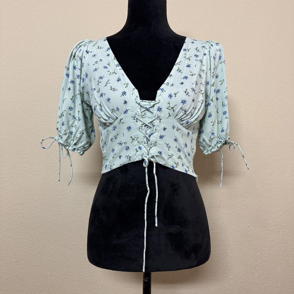Motel Blouse Top Womens Small Green Floral Puff Sleeve Lace Up Crop Cottagecore